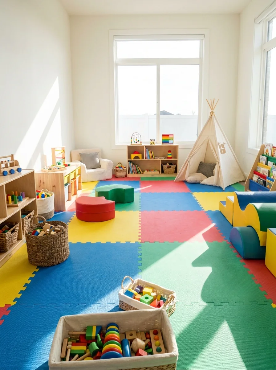 Área infantil com piso de borracha colorido e seguro
