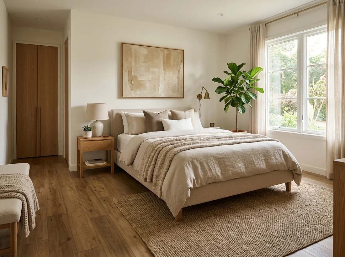 Quarto com piso vinílico em tom de carvalho