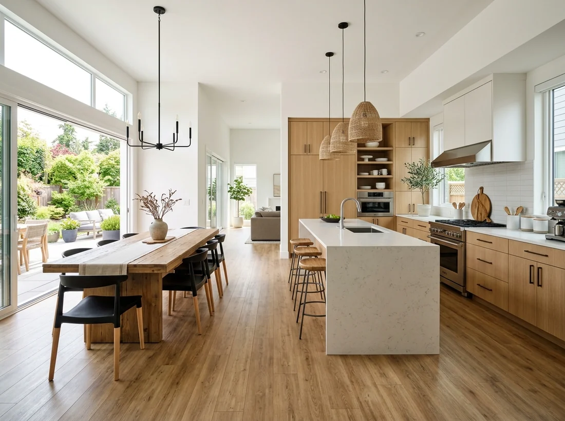 Cozinha e sala de jantar com piso vinílico